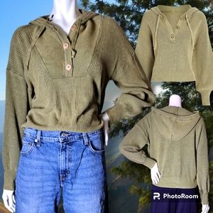 SAKS 5TH AVE URSINA PULLOVER KNIT HOODIE Chartreuse Cropped & Soft Oversized MED